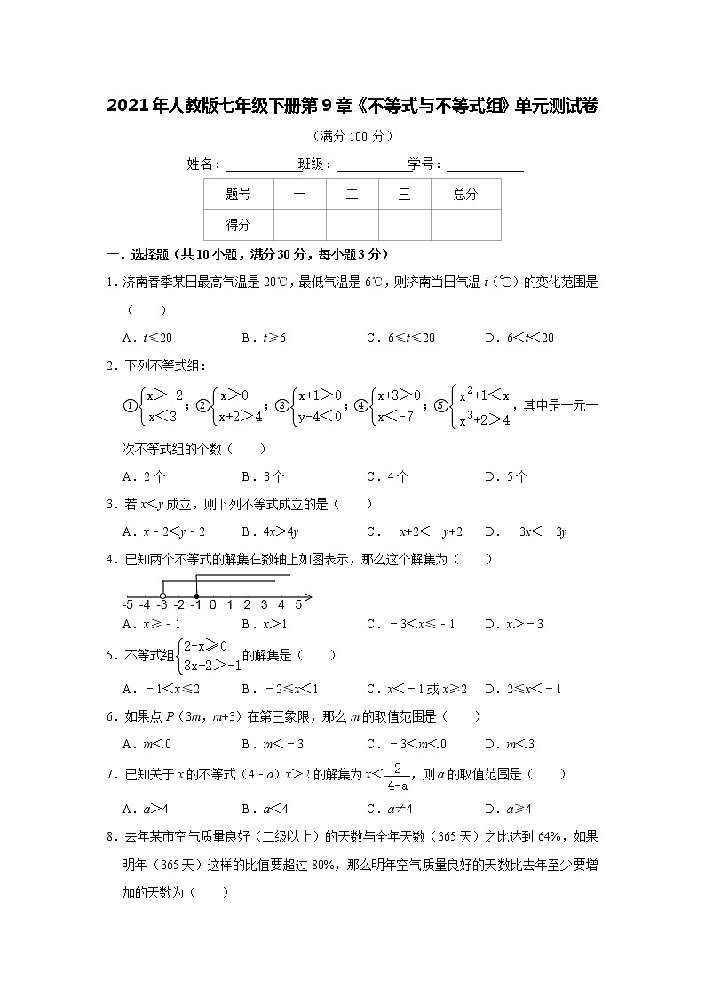 2021年人教版七年级下册第9章《不等式与不等式组》单元测试卷01