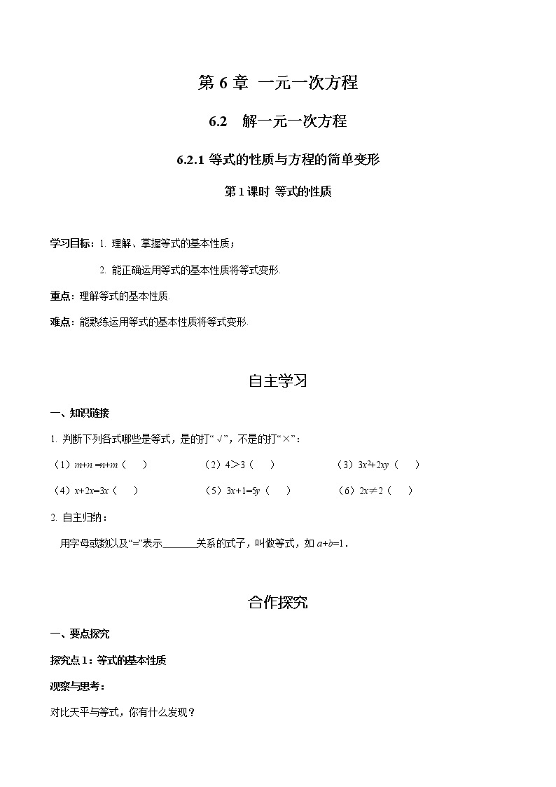 华师大版  数学  七年级(下册) 6.2.1 第1课时 等式的性质学案01