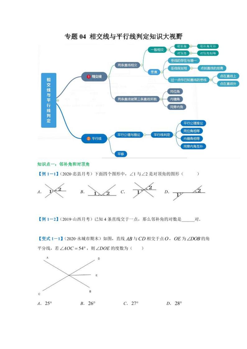 人教版七年级寒假讲义 专题04 相交线与平行线判定知识大视野01