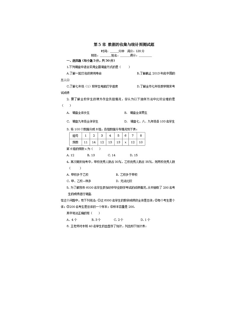 2020年湘教版七年级数学上册《数据的收集与统计图》单元检测卷二(含答案)第1页