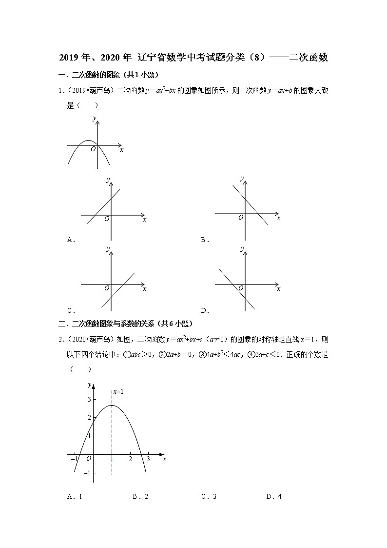 辽宁省2019年、2020年中考数学试题分类汇编(8)——二次函数01