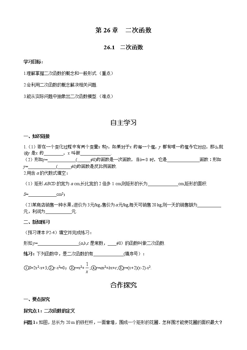 华师大版 数学 九年级(下册) 26.1 二次函数学案01
