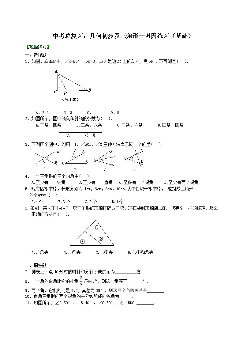 中考總復(fù)習(xí)：幾何初步及三角形--鞏固練習(xí)（基礎(chǔ)）第1頁