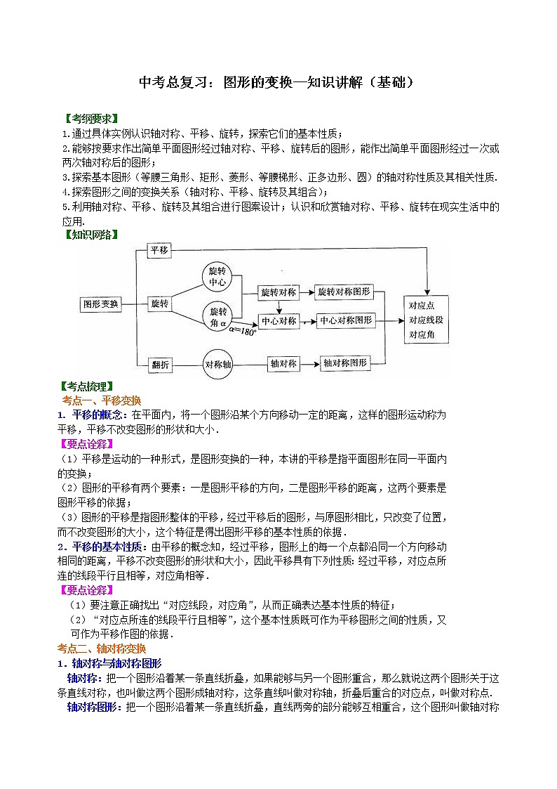 (人教版)数学中考总复习45中考总复习:图形的变换(基础)珍藏版 知识点练习01