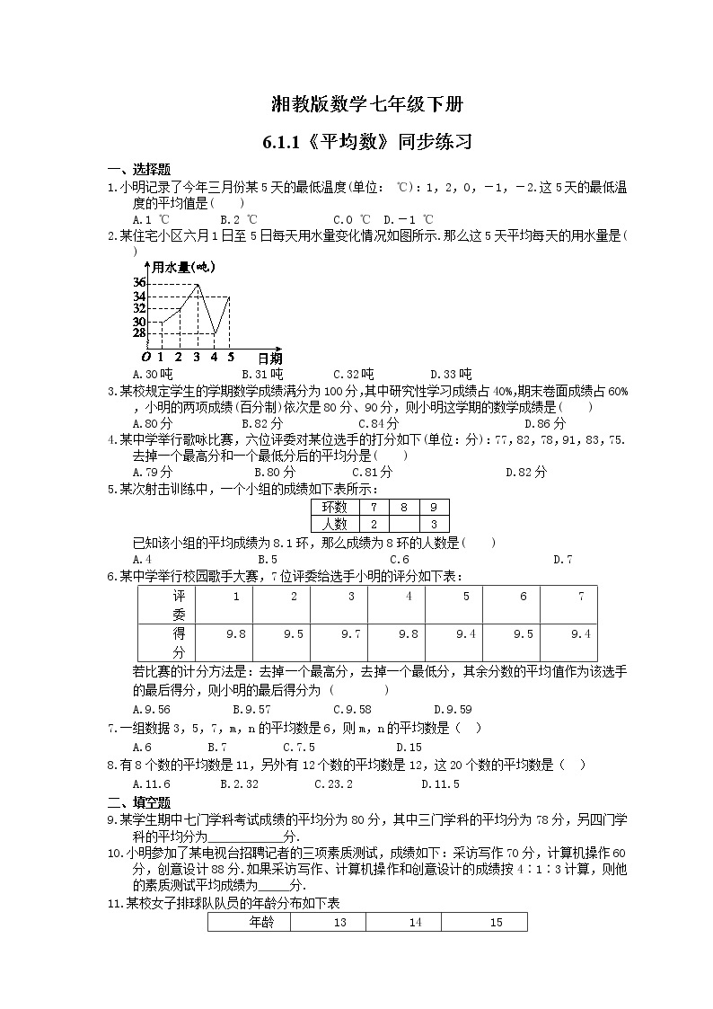 2021年湘教版数学七年级下册6.1.1《平均数》同步练习(含答案)01