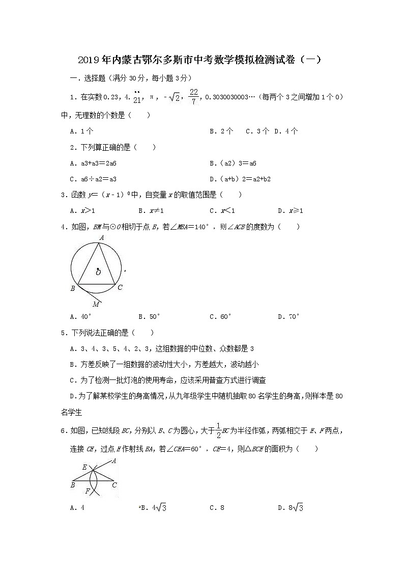 2019年内蒙古鄂尔多斯市中考数学模拟试卷(一)含答案第1页