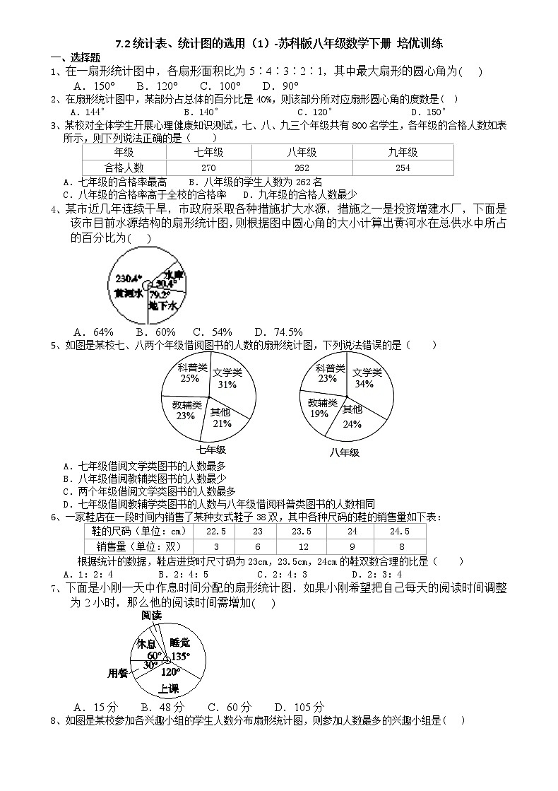 7.2统计表、统计图的选用(1)- 苏科版八年级数学下册培优训练第1页