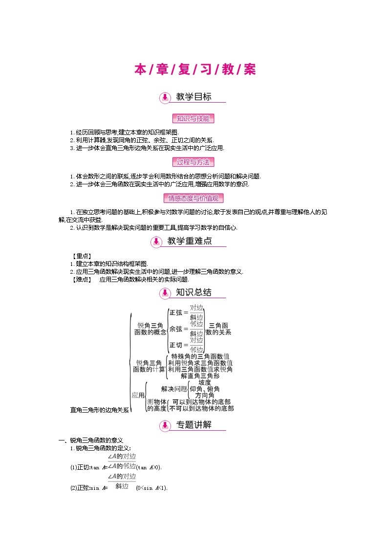 北师大版九年级数学下册教案：第一章　直角三角形的边角关系 复习教案01