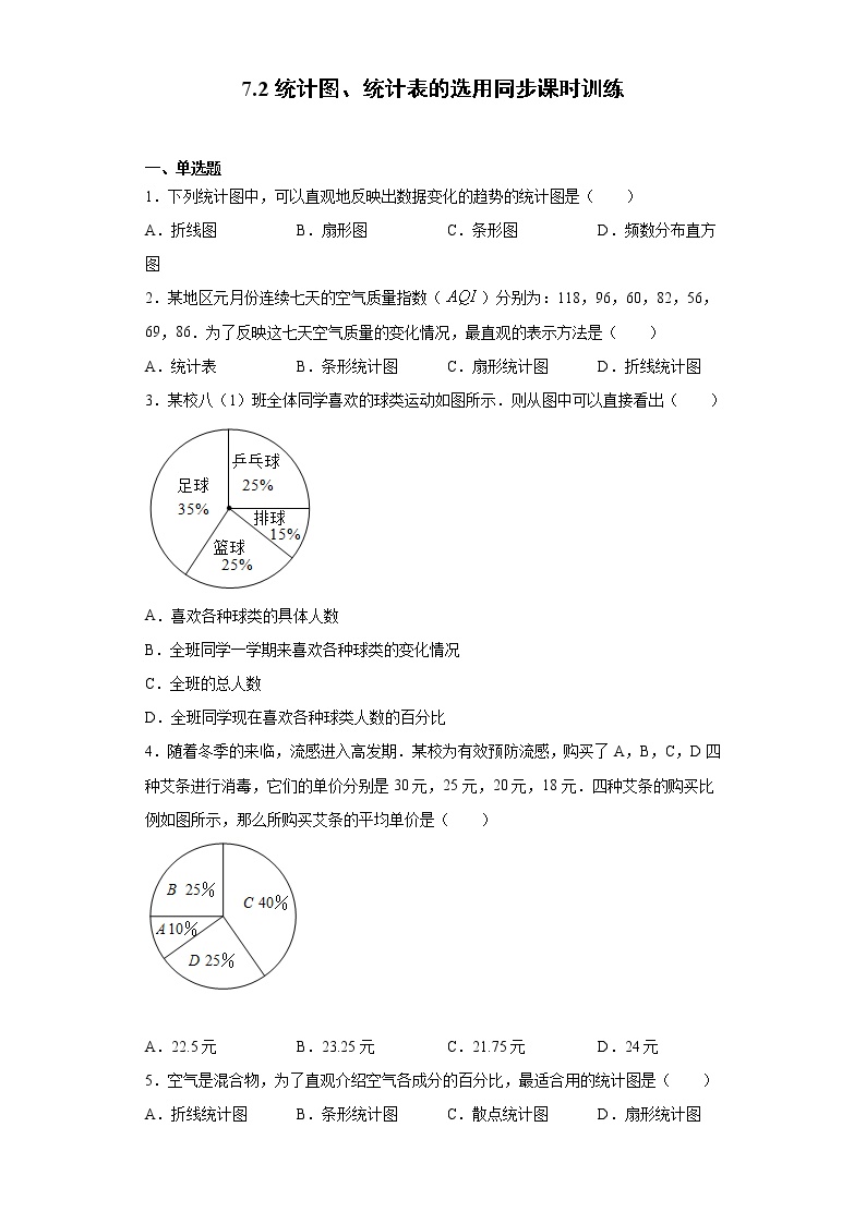 数学苏科版7.2 统计表、统计图的选用课时训练