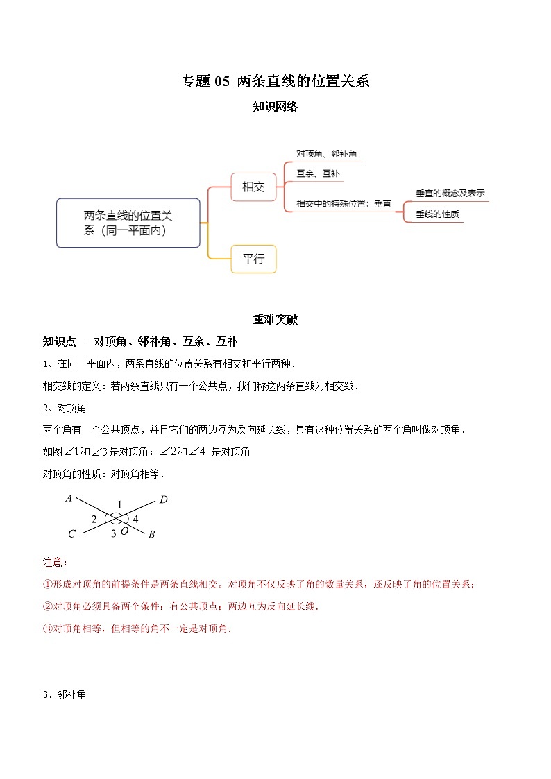 教案 北师大版初中数学章节复习7年级下册 专题05 两条直线的位置关系(知识点串讲+专题测试)01