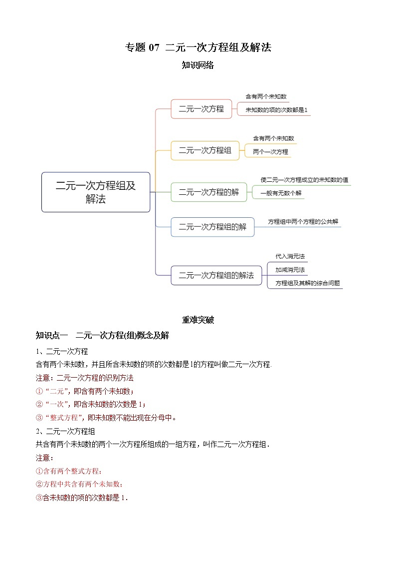教案 北师大版初中数学章节复习 8年级上册 专题07 二元一次方程组及解法(知识点串讲+专题测试)01
