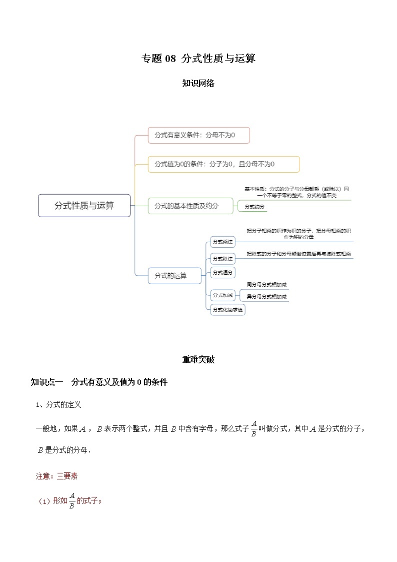 教案 北师大版初中数学章节复习 8年级下册 专题08 分式性质与运算(知识点串讲+专题测试)01