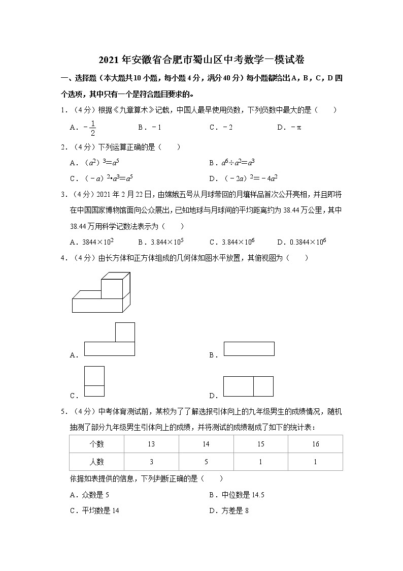 2021年安徽省合肥市蜀山区中考数学一模试卷01