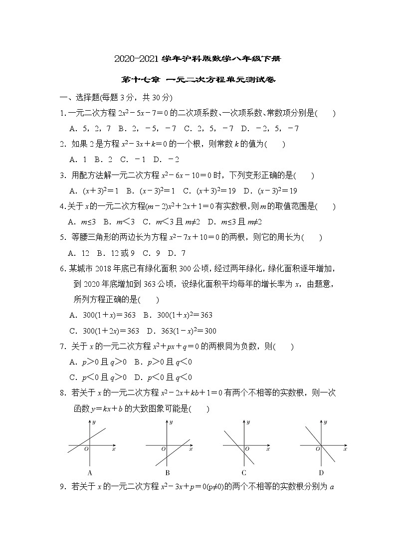 2020-2021学年沪科版数学八年级下册第十七章 一元二次方程单元测试卷第1页