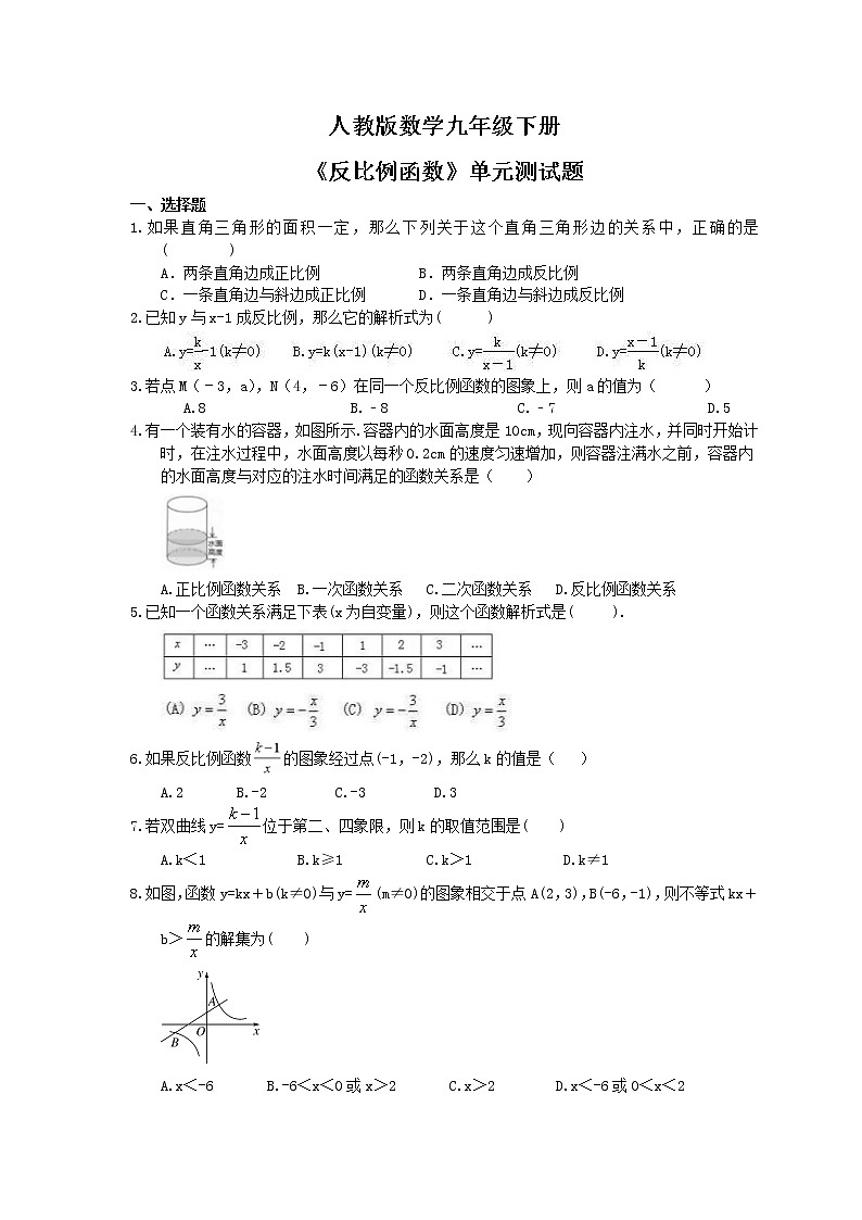 人教版数学九年级下册《反比例函数》单元测试题(含答案)第1页