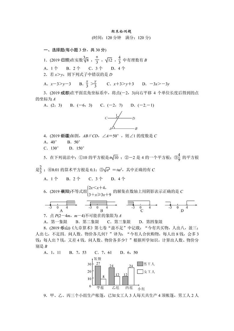 人教版七年级下册数学期末综合检测题附答案01