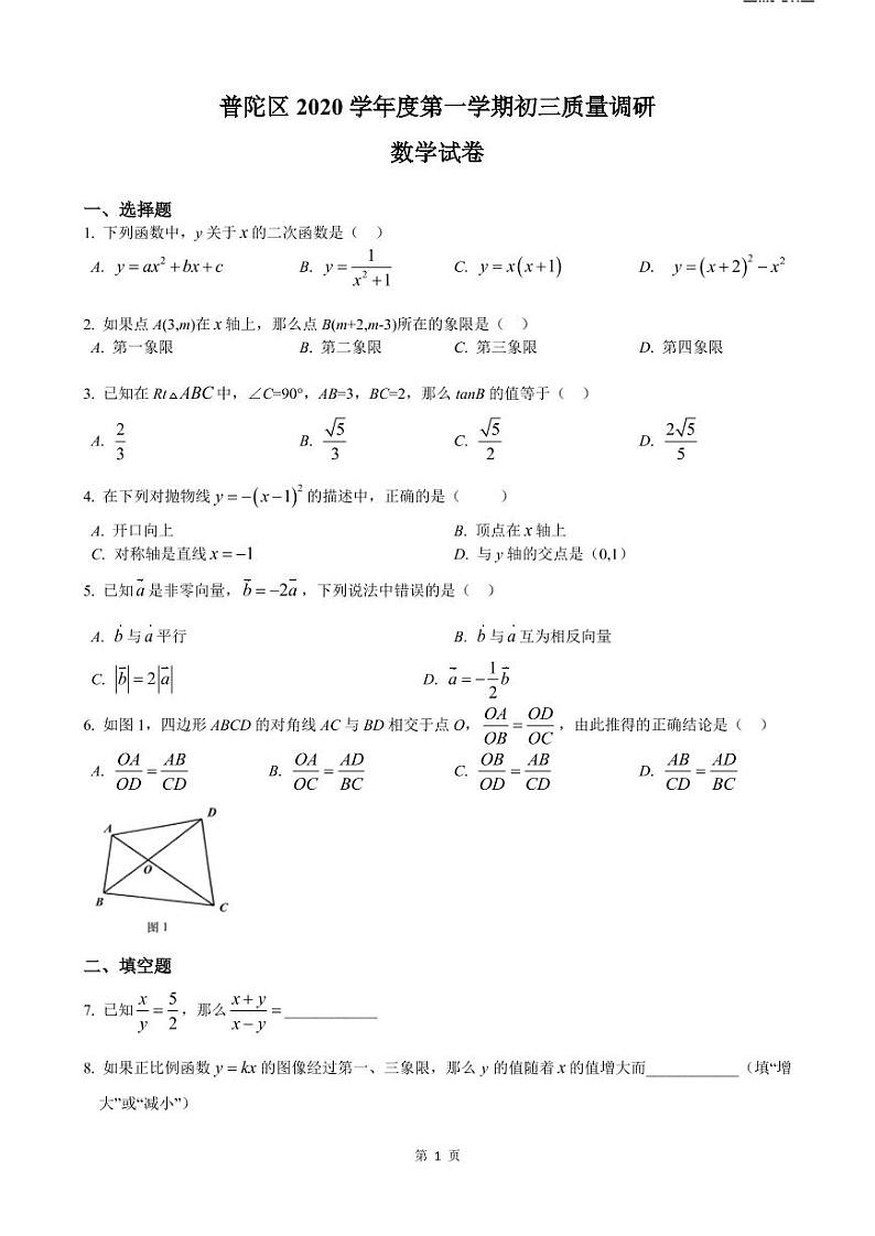 2021年上海市普陀区中考数学一模卷(配答案)01
