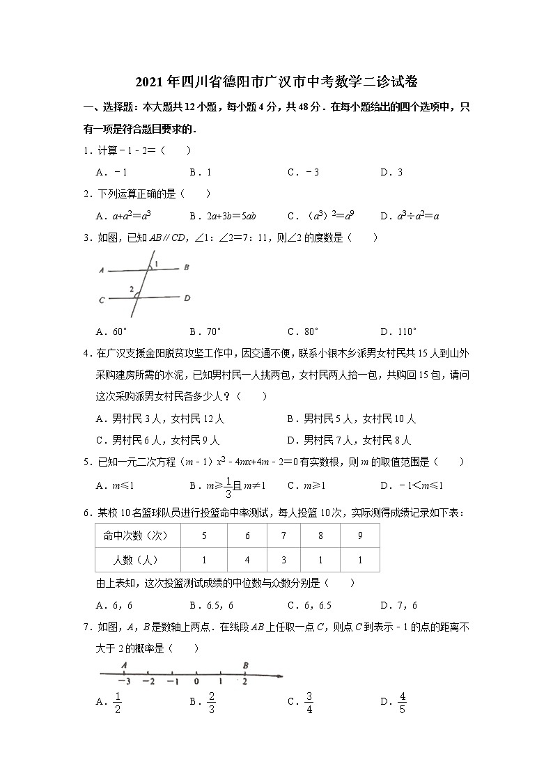 2021年四川省德阳市广汉市中考数学二诊试卷01