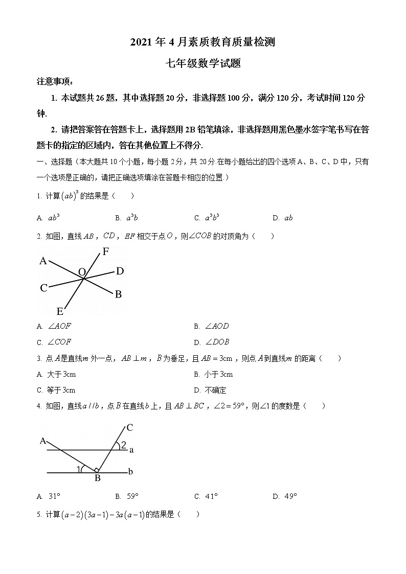 山东省菏泽市曹县2020-2021学年七年级下学期期中数学试题第1页