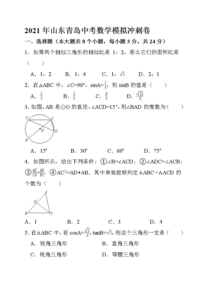 2021年山东省青岛市中考数学模拟冲刺卷01