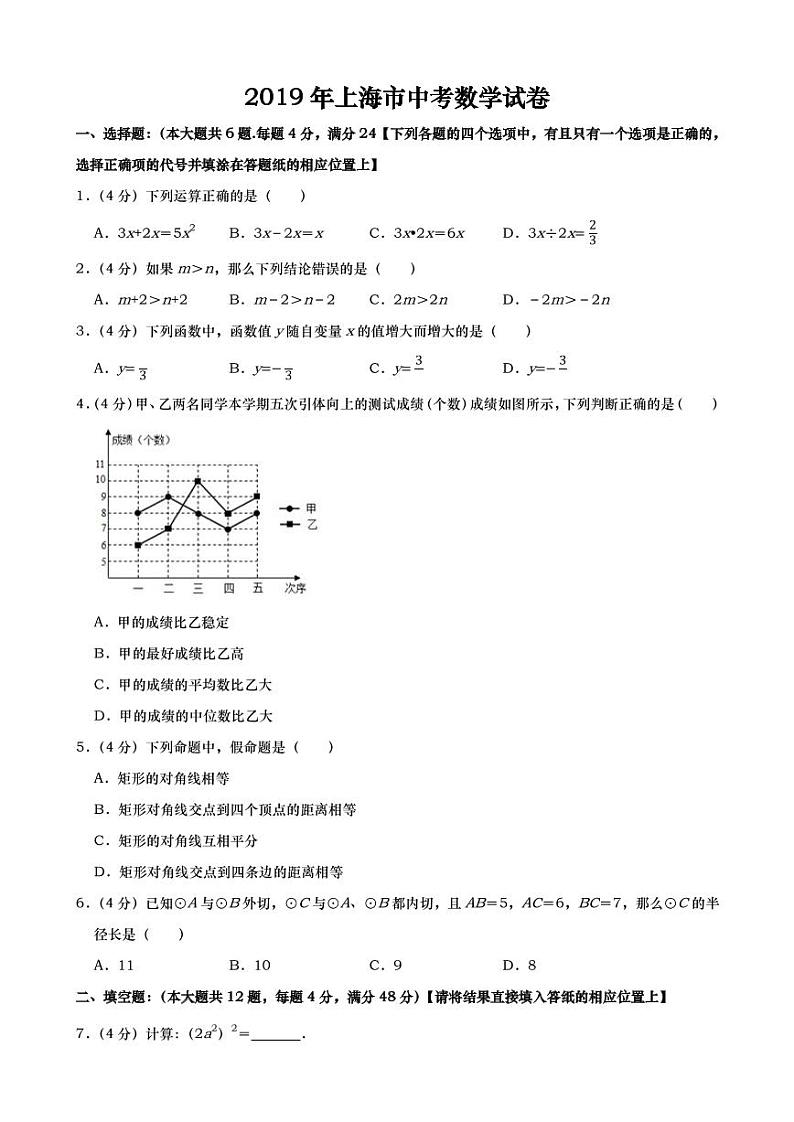 2019年上海市中考数学试题 带详解第1页