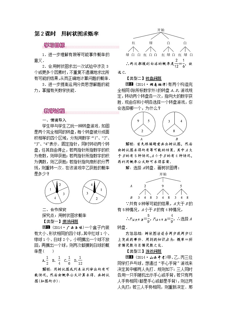 人教版數(shù)學(xué)九年級(jí)上25.2  第2課時(shí)  用樹狀圖求概率1 教案第1頁
