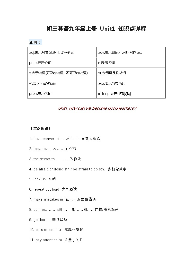 人教初三九年级英语上册 Unit1第1单元知识点详解学案01
