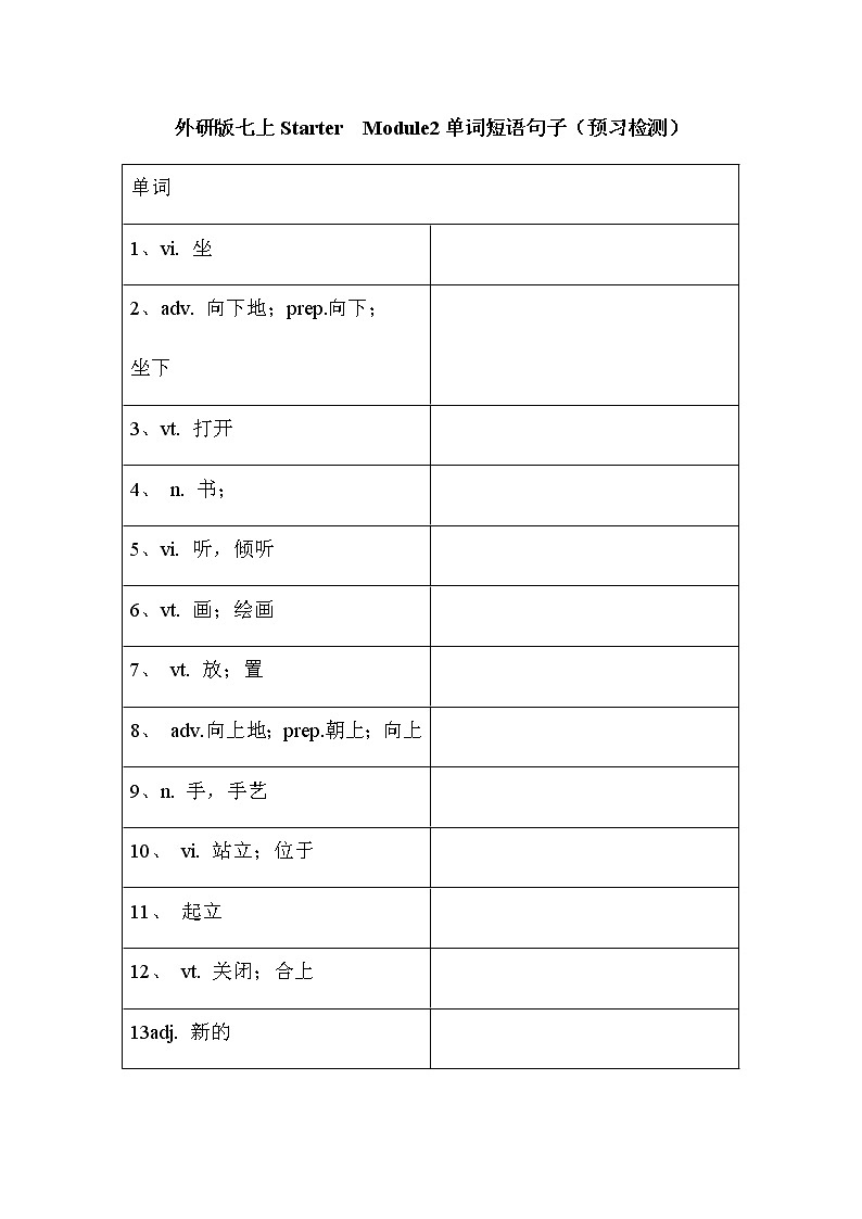 2021-2022外研版七年级上册starter部分Module1-4单词短语句子强化训练学案01