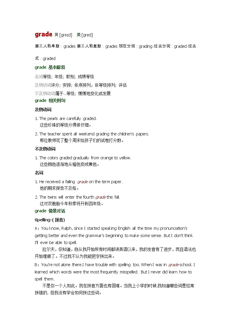 2021-2022学年牛津译林版英语七年级上册unit1 grade 词汇讲义第1页