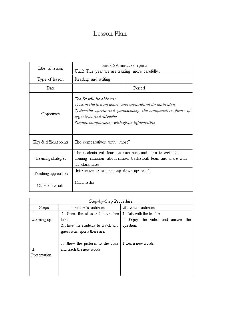 初中英语 外研（新标准）版 八年级上册Module 3 Sports   unit2 This year we are training more carefully同步教案 课件 练习01