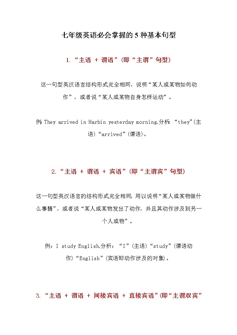 七年级英语必会掌握的5种基本句型学案01