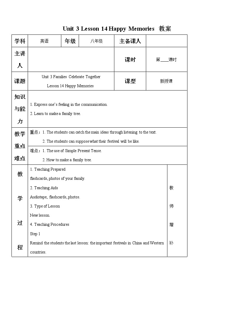 冀教版八年级英语上册 Unit 3 Lesson 14- Happy Memories-资源套餐【教学设计+课件+习题+素材】01