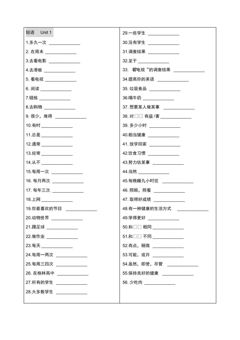 新人教版英语八年级上册单词表和短语表默写PDF（无答案）02