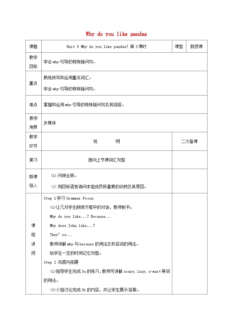 Unit 5 Why do you like pandas?(4课时表格式教案)01