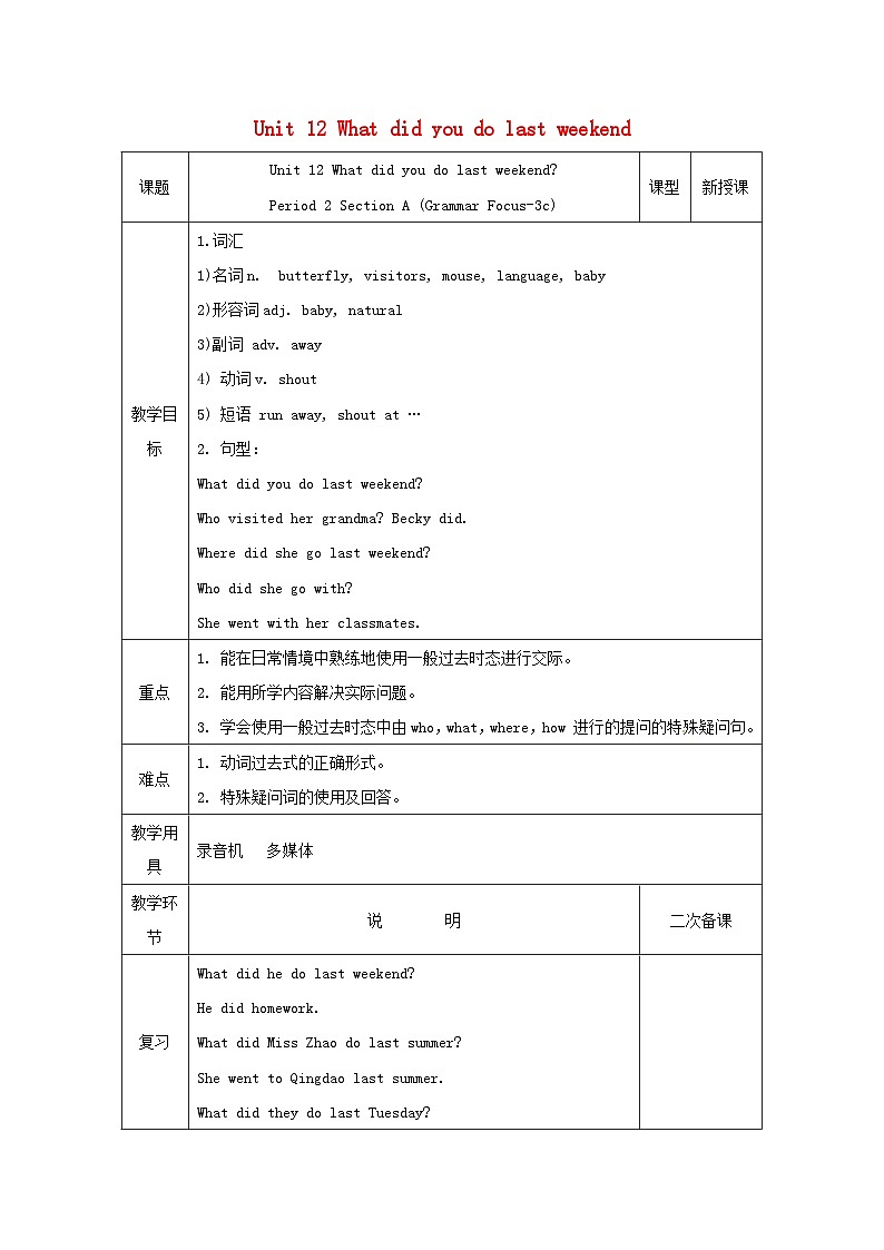 Unit 12 What did you do last weekend?(4课时表格式教案)01