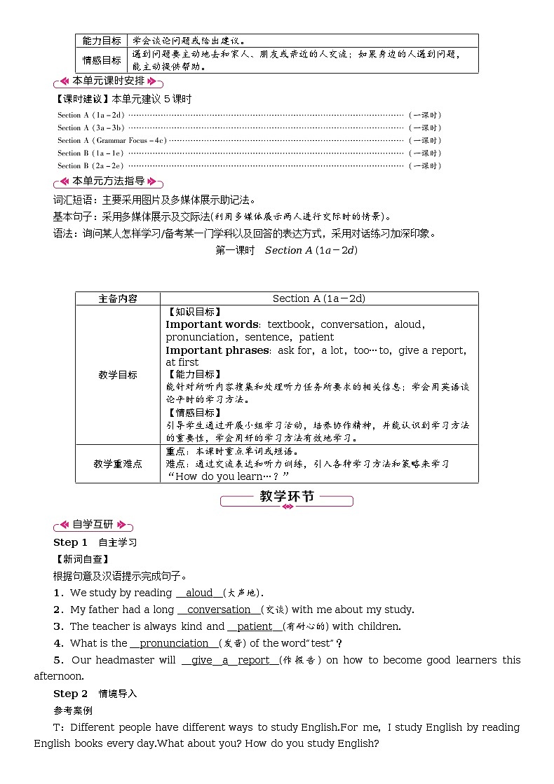 Unit 1 How can we become good learners全单元教案(表格式5课时)02