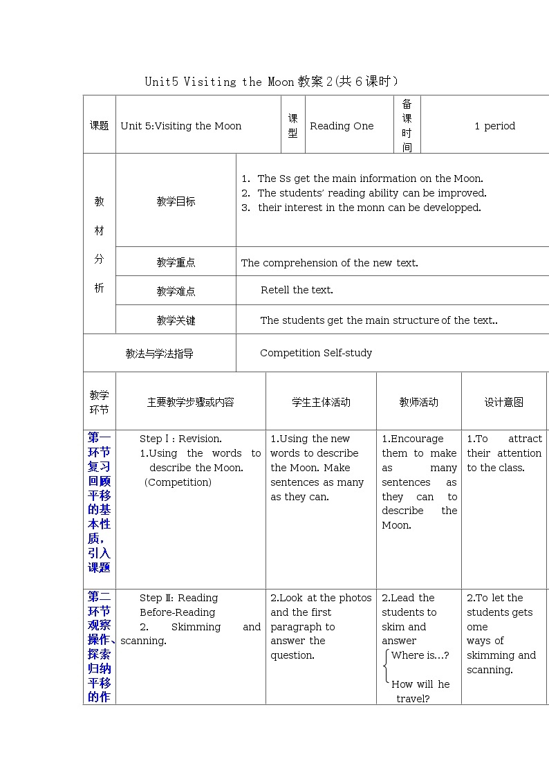 Unit5 Visiting the Moon.(6课时教案）01