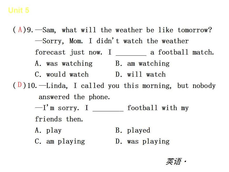 人教版八年級(jí)英語(yǔ)下冊(cè)精品課件：Unit 5 What were you doing when the rainstorm came【單元測(cè)試】第6頁(yè)