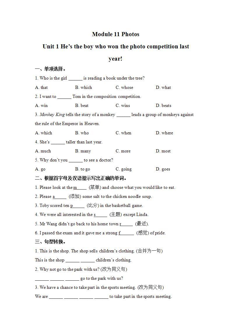外研版初中英语 九年级上册 九上M11U1作业 练习01