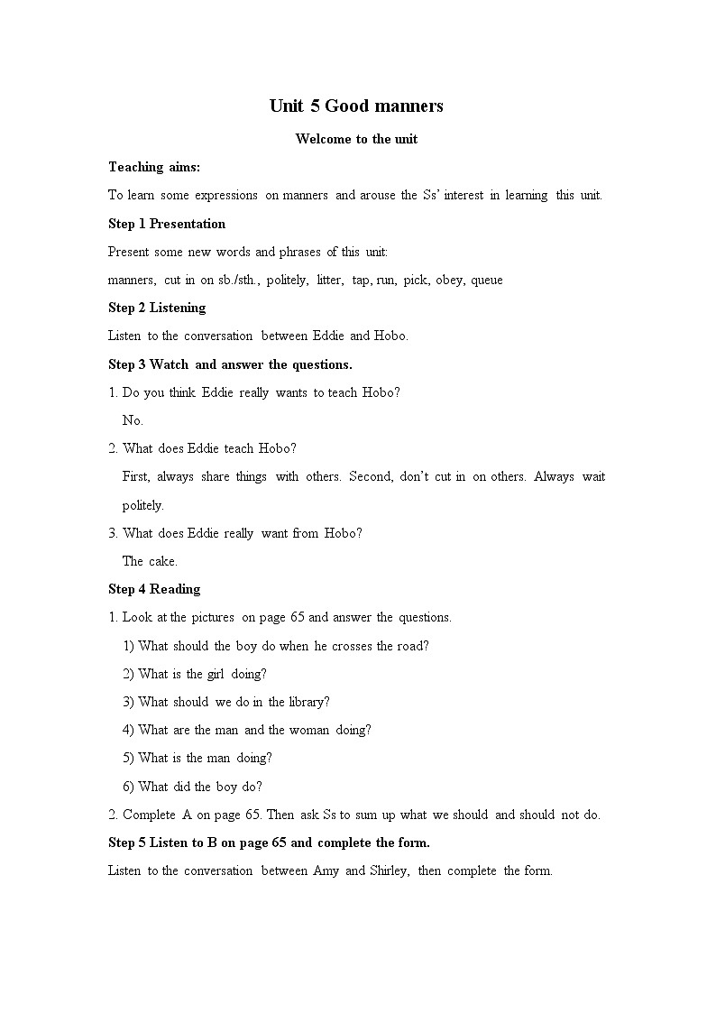 Unit 5 Good manners 教案第1页