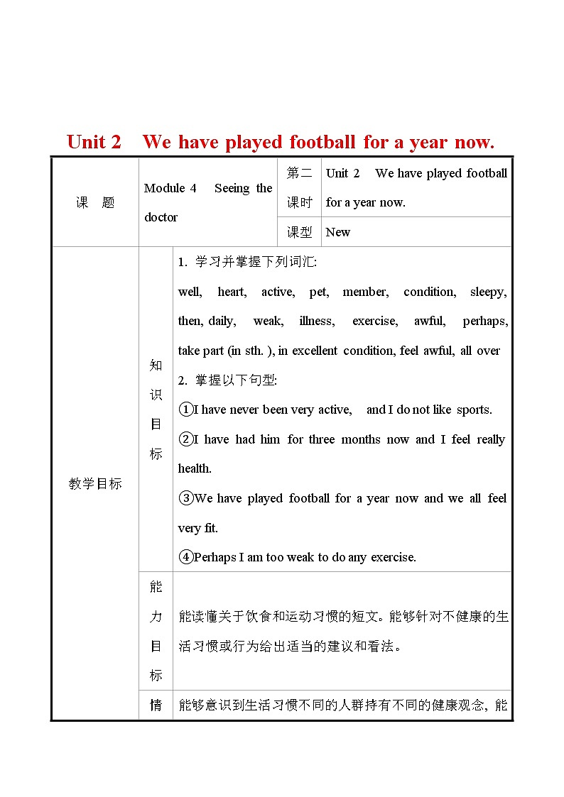 外研版英语 八年级下册 Module 4 Unit 2 Unit 2 We have played football for a year now 教案第1页