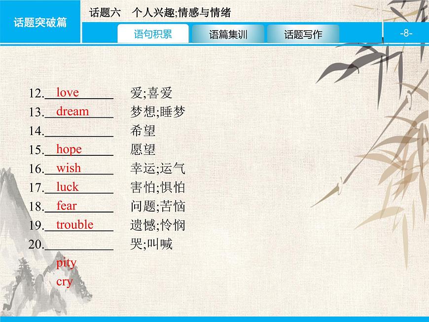 2021中考英語復習課件:話題六 個人興趣;情感與情緒(共40張PPT)第8頁