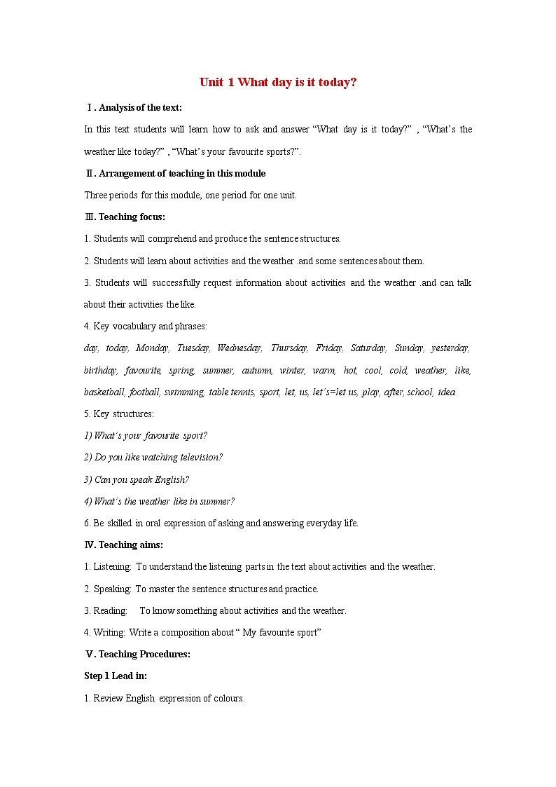 Starter Module 4 My everyday life Unit 1 What day is it today 教案 初中英语外研版七年级上册(2021年)第1页