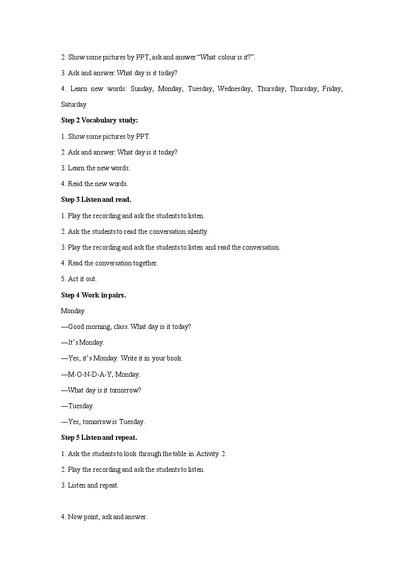 Starter Module 4 My everyday life Unit 1 What day is it today 教案 初中英语外研版七年级上册(2021年)第2页