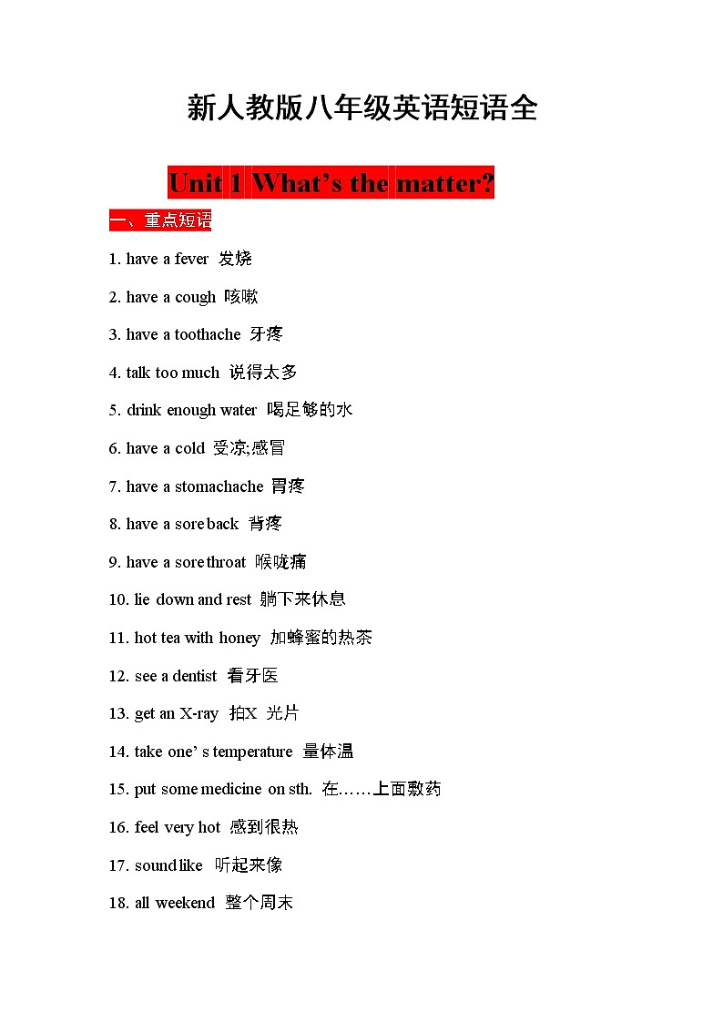 人教新目标英语八下 重点句型·短语全册第1页