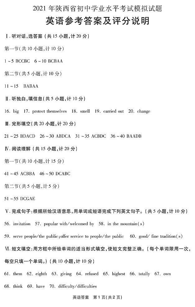 2021年陕西省初中学业水平考试模拟试题英语答案第1页