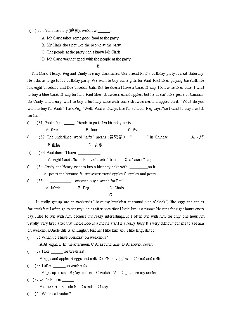 人教版新目标英语七年级(上)期末英语检测卷(9)(word版含答案)03