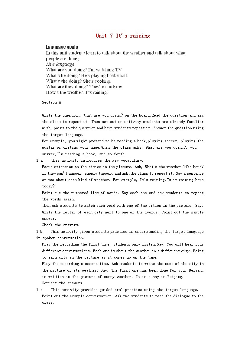 山东省青岛市平度市灰埠镇灰埠中学七年级英语下册 Unit 7 It 's raining教案 (新版)人教新目标版第1页