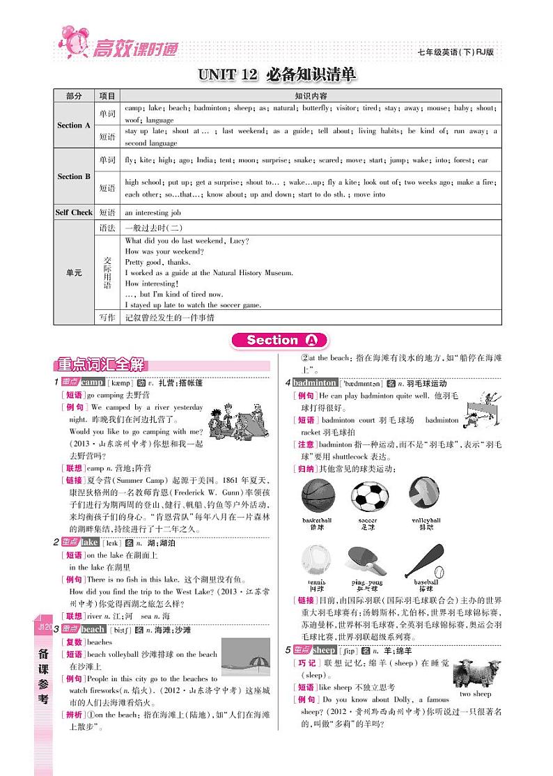 【高效课时通】七年级英语下册 Unit 12 What did you do last weekend备课参考(pdf)(新版)人教新目标版教案第1页