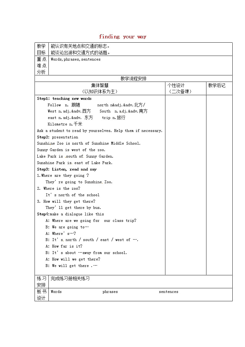 江苏省宿迁市宿豫区关庙镇初级中学七年级英语下册 Unit 4 Finding your way welcome to the Unit教案01